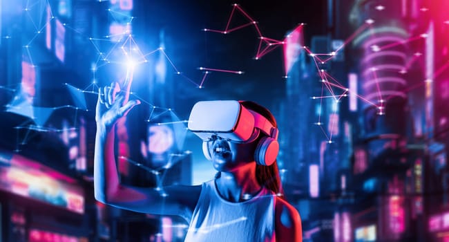 Female stand in cyberpunk style building in meta wear VR headset connecting metaverse, future cyberspace community technology, Woman using index finger touch virtual object while smile. Hallucination.