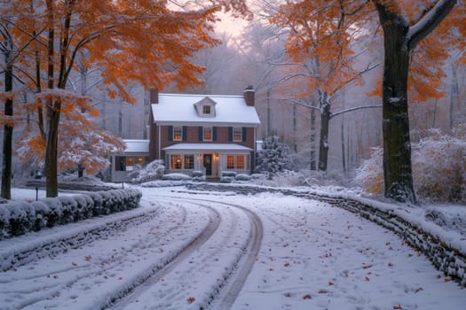 A natural winter landscape with a house . A beautiful winter place in nature.