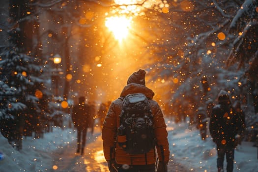 A tourist walking with a backpack through a snowy winter forest at sunset.
