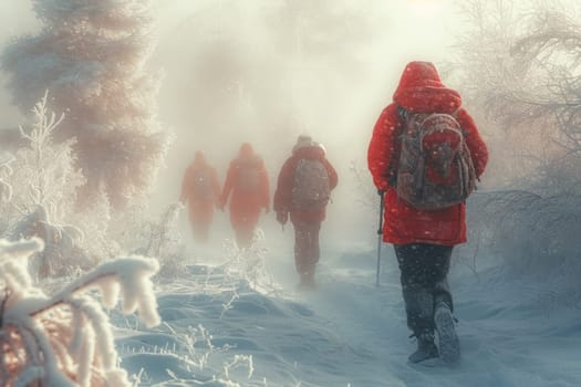 A tourist walking with a backpack through a snowy winter forest at sunset.