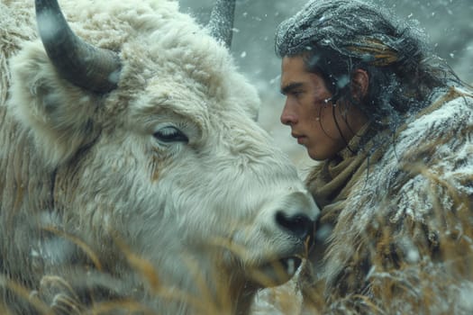 a man in front of a bull in winter in nature.