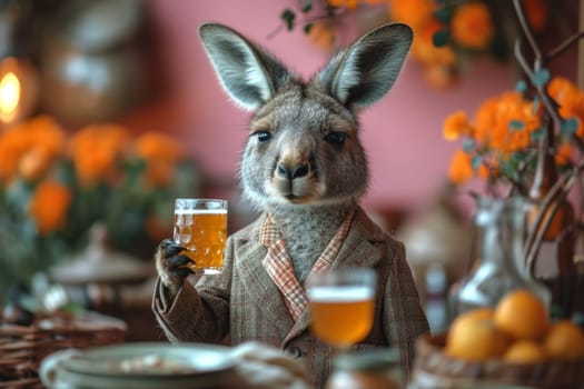 A hare in formal clothes with a glass of foamy beer at a table in the interior. 3d illustration.