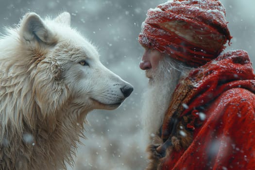 An elderly man in front of a wolf in nature.