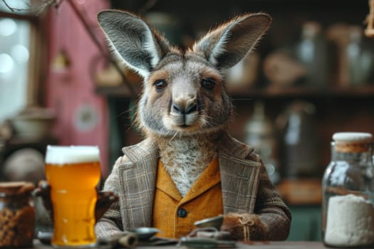 A hare in formal clothes with a glass of foamy beer at a table in the interior. 3d illustration.