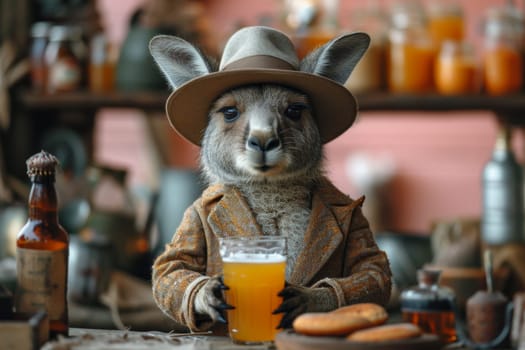 A hare in formal clothes with a glass of foamy beer at a table in the interior. 3d illustration.