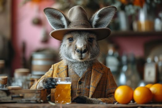 A hare in formal clothes with a glass of foamy beer at a table in the interior. 3d illustration.