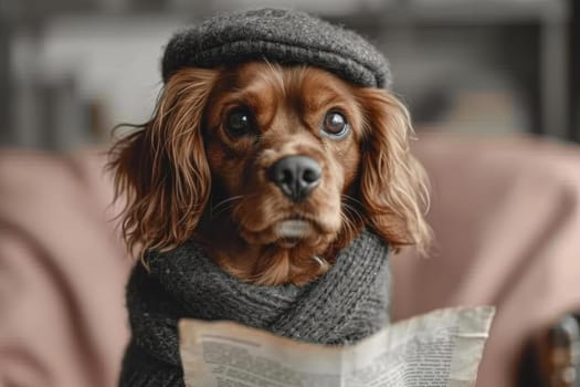 A dog in a hat and clothes reads a letter sitting in the interior.