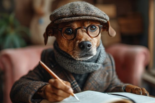 A dog in a hat and clothes reads a letter sitting in the interior.