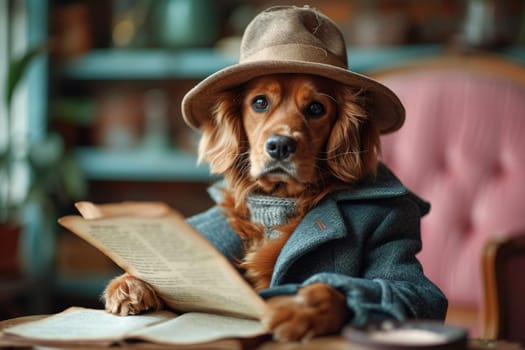 A dog in a hat and clothes reads a letter sitting in the interior.