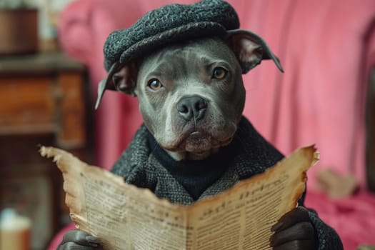 A dog in a hat and clothes reads a letter sitting in the interior.