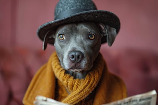 A dog in a hat and clothes reads a letter on a pink background.