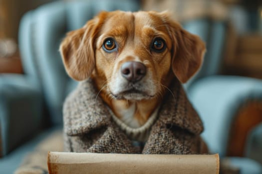 A dog in a hat and clothes reads a letter sitting in the interior.