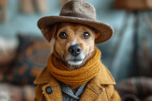 Portrait of a Dog in a hat and autumn clothes.