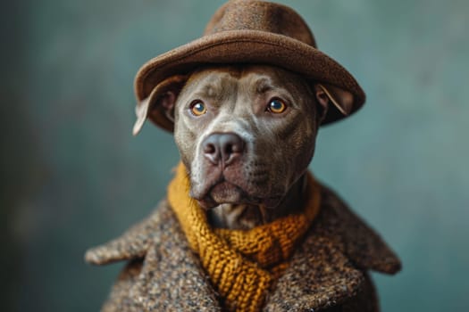 Portrait of a Dog in a hat and autumn clothes.