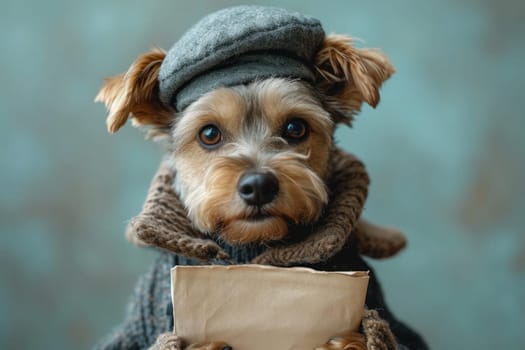 A dog in a hat and clothes reads a letter on a blue background.