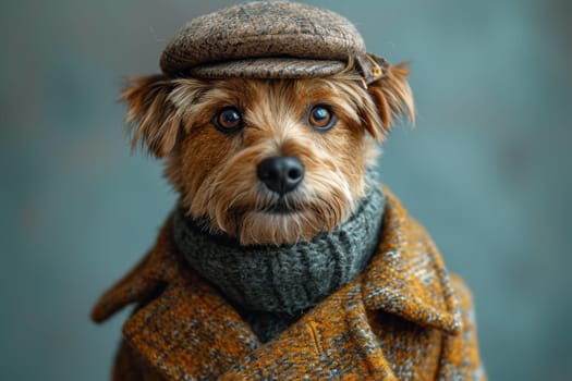 Portrait of a Dog in a hat and autumn clothes.