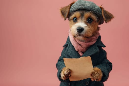 A dog in a hat and clothes reads a letter on a pink background.