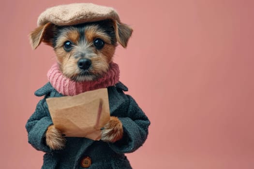 A dog in a hat and clothes reads a letter on a pink background.