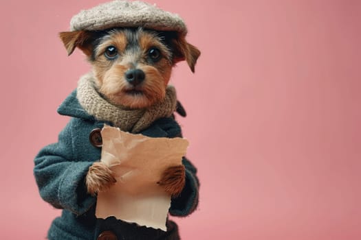 A dog in a hat and clothes reads a letter on a pink background.