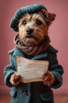 A dog in a hat and clothes reads a letter on a pink background.