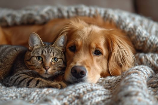 A dog and a cat lie together under a warm blanket at home . Friendship of pets.