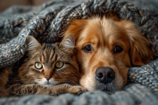 A dog and a cat lie together under a warm blanket at home . Friendship of pets.