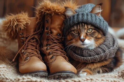 a cat in a winter hat and scarf in the afternoon in winter on the street near the owner's shoes.