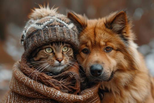 A dog and a cat in a hat wrapped in a plaid in winter on the street. Friendship of pets.
