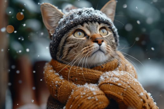 a cat in a winter hat and scarf on the street during the day in winter.