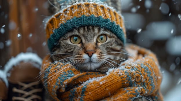 a cat in a winter hat and scarf on the street during the day in winter.