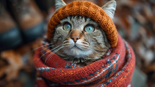 a cat in a winter hat and scarf on the street during the day in winter.