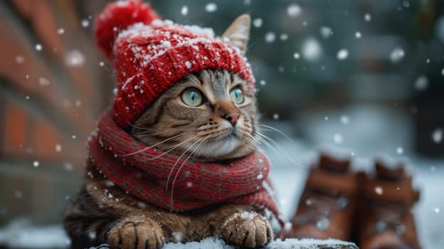 a cat in a winter hat and scarf on the street during the day in winter.