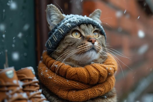 a cat in a winter hat and scarf on the street during the day in winter.