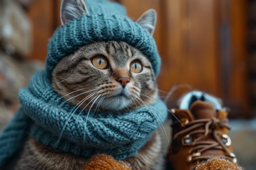 a cat in a winter hat and scarf on the street during the day in winter.