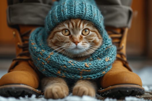 a cat in a winter hat and scarf in the afternoon in winter on the street near the owner's shoes.