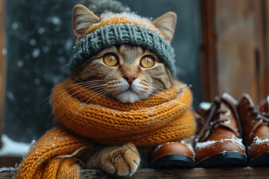 a cat in a winter hat and scarf on the street during the day in winter.