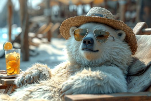 A polar bear in a hat and glasses is relaxing on the beach in a chaise longue drinking orange juice. 3d illustration.