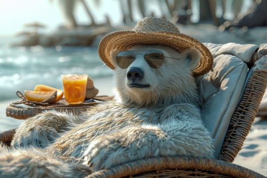 A polar bear in a hat and glasses is relaxing on the beach in a chaise longue drinking orange juice. 3d illustration.