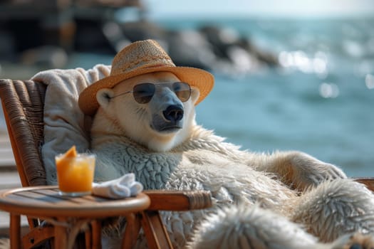 A polar bear in a hat and glasses is relaxing on the beach in a chaise longue drinking orange juice. 3d illustration.