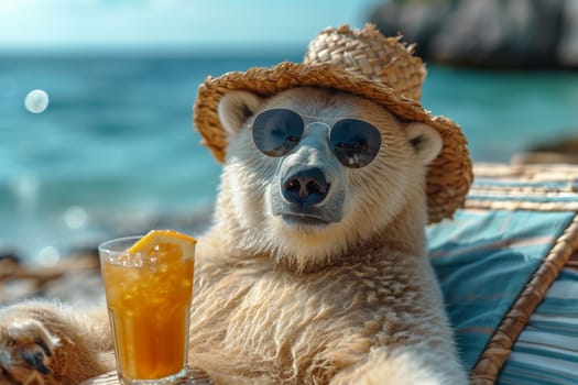 A polar bear in a hat and glasses is relaxing on the beach in a chaise longue drinking orange juice. 3d illustration.