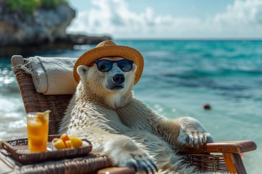 A polar bear in a hat and glasses is relaxing on the beach in a chaise longue drinking orange juice. 3d illustration.