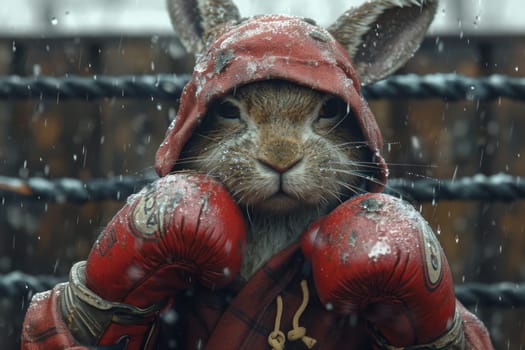 A cowardly rabbit in boxing gloves on the background of the ring. 3d illustration.