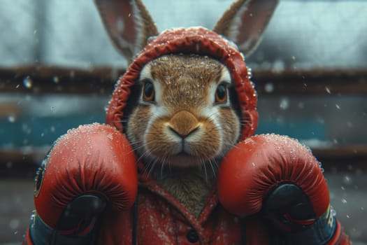 A cowardly rabbit in boxing gloves on the background of the ring. 3d illustration.