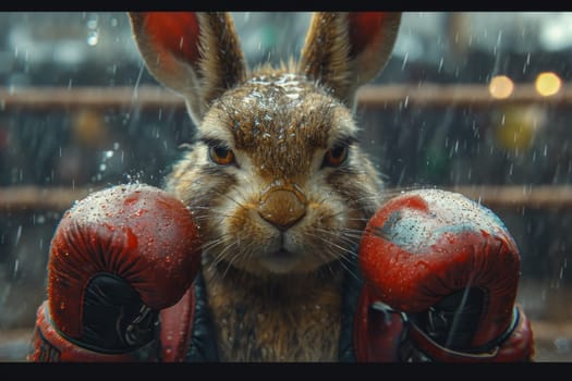 A cowardly rabbit in boxing gloves on the background of the ring. 3d illustration.