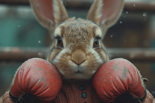 A cowardly rabbit in boxing gloves on the background of the ring. 3d illustration.