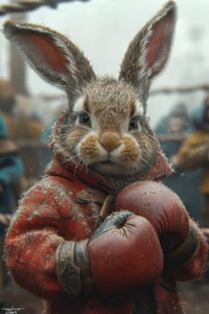 A cowardly rabbit in boxing gloves on the background of the ring. 3d illustration.