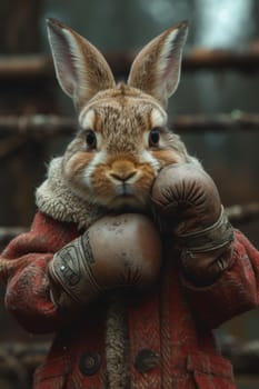 A cowardly rabbit in boxing gloves on the background of the ring. 3d illustration.