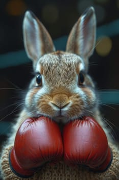 A cowardly rabbit in boxing gloves on the background of the ring. 3d illustration.