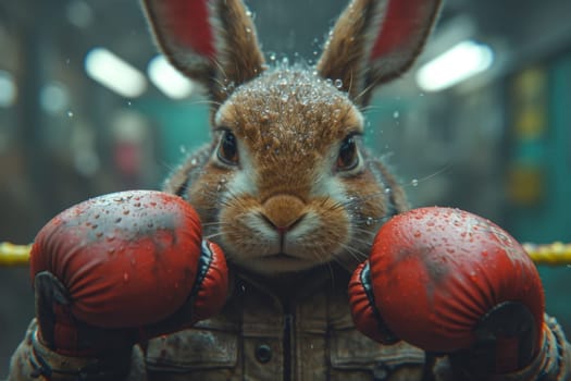 A cowardly rabbit in boxing gloves on the background of the ring. 3d illustration.