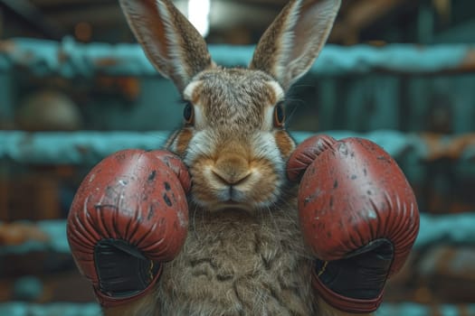 A cowardly rabbit in boxing gloves on the background of the ring. 3d illustration.